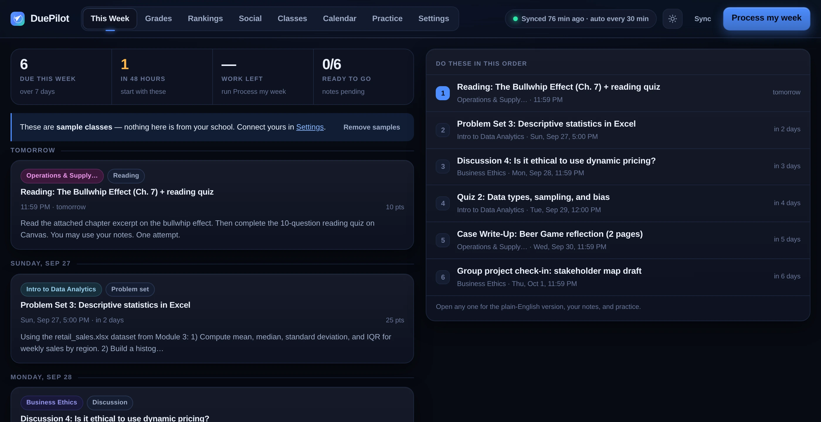 DuePilot showing a week of classes, what is due and what to do first
